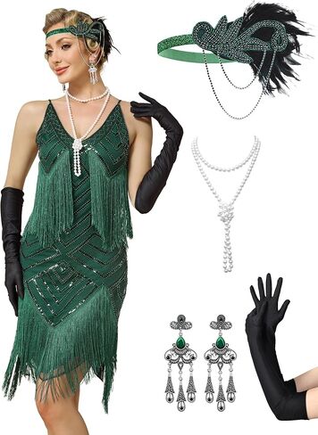 Womens 1920s Flapper Dress,V Neck Great Gatsby Fringe Cocktail Dress with 20s Accessories Set-Roaring 20s Costume in Saudi Arabia