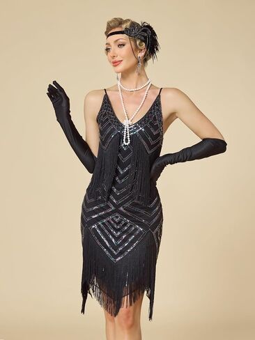 Womens 1920s Flapper Dress,V Neck Great Gatsby Fringe Cocktail Dress with 20s Accessories Set-Roaring 20s Costume in Saudi Arabia