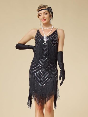 Womens 1920s Flapper Dress,V Neck Great Gatsby Fringe Cocktail Dress with 20s Accessories Set-Roaring 20s Costume in Saudi Arabia