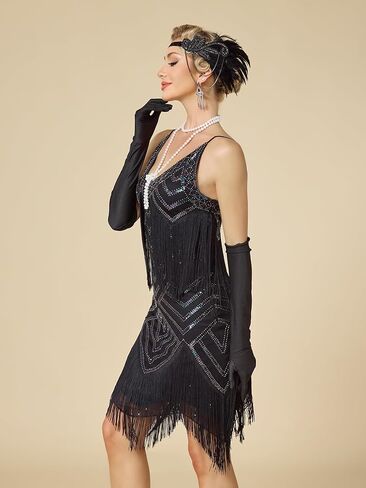 Womens 1920s Flapper Dress,V Neck Great Gatsby Fringe Cocktail Dress with 20s Accessories Set-Roaring 20s Costume in Saudi Arabia