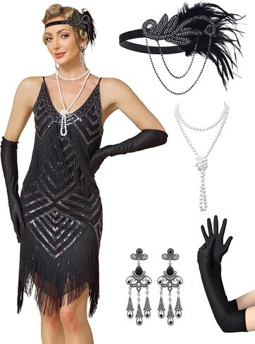 Womens 1920s Flapper Dress,V Neck Great Gatsby Fringe Cocktail Dress with 20s Accessories Set-Roaring 20s Costume in Saudi Arabia