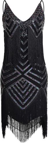 Womens 1920s Flapper Dress,V Neck Great Gatsby Fringe Cocktail Dress with 20s Accessories Set-Roaring 20s Costume in Saudi Arabia
