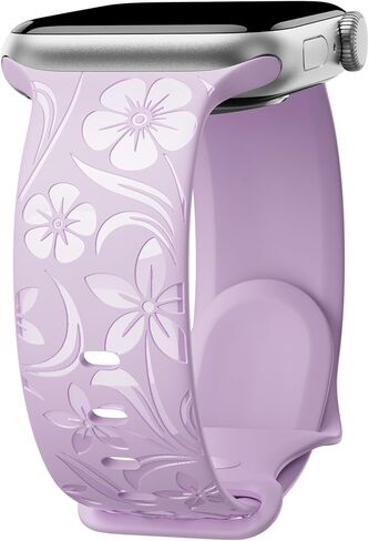 Floral Engraved Band Compatible with Apple Watch Band 38mm 40mm 41mm 42mm 44mm 45mm 46mm 49mm, Designer Silicone Glossy Wildflower Strap for iWatch Band Series Ultra 11 10 9 8 7 6 SE 5 4 3 in Saudi Arabia