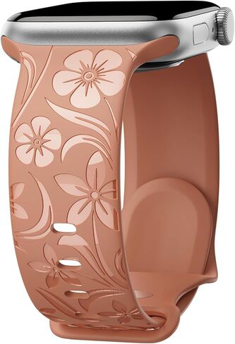 Floral Engraved Band Compatible with Apple Watch Band 38mm 40mm 41mm 42mm 44mm 45mm 46mm 49mm, Designer Silicone Glossy Wildflower Strap for iWatch Band Series Ultra 11 10 9 8 7 6 SE 5 4 3 in Saudi Arabia