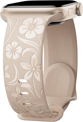 Floral Engraved Band Compatible with Apple Watch Band 38mm 40mm 41mm 42mm 44mm 45mm 46mm 49mm, Designer Silicone Glossy Wildflower Strap for iWatch Band Series Ultra 11 10 9 8 7 6 SE 5 4 3 in Saudi Arabia