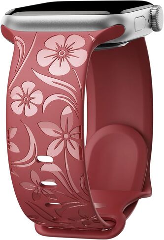 Floral Engraved Band Compatible with Apple Watch Band 38mm 40mm 41mm 42mm 44mm 45mm 46mm 49mm, Designer Silicone Glossy Wildflower Strap for iWatch Band Series Ultra 11 10 9 8 7 6 SE 5 4 3 in Saudi Arabia