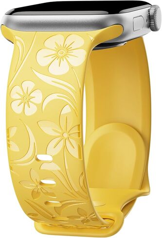 Floral Engraved Band Compatible with Apple Watch Band 38mm 40mm 41mm 42mm 44mm 45mm 46mm 49mm, Designer Silicone Glossy Wildflower Strap for iWatch Band Series Ultra 11 10 9 8 7 6 SE 5 4 3 in Saudi Arabia