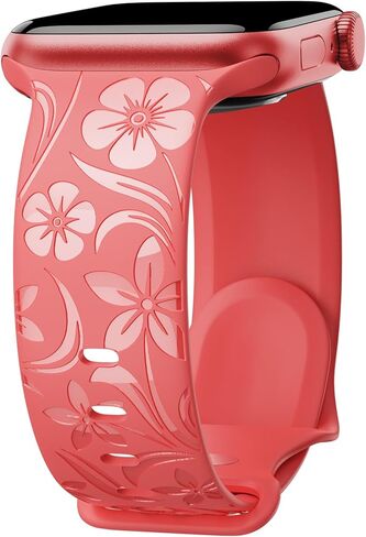 Floral Engraved Band Compatible with Apple Watch Band 38mm 40mm 41mm 42mm 44mm 45mm 46mm 49mm, Designer Silicone Glossy Wildflower Strap for iWatch Band Series Ultra 11 10 9 8 7 6 SE 5 4 3 in Saudi Arabia