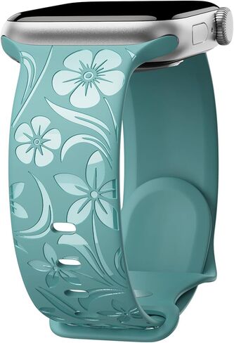 Floral Engraved Band Compatible with Apple Watch Band 38mm 40mm 41mm 42mm 44mm 45mm 46mm 49mm, Designer Silicone Glossy Wildflower Strap for iWatch Band Series Ultra 11 10 9 8 7 6 SE 5 4 3 in Saudi Arabia