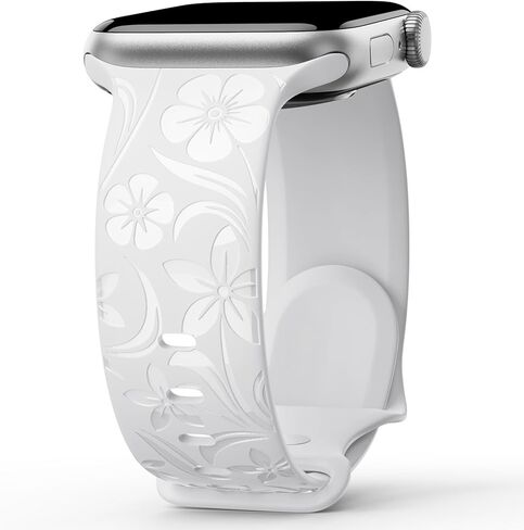 Floral Engraved Band Compatible with Apple Watch Band 38mm 40mm 41mm 42mm 44mm 45mm 46mm 49mm, Designer Silicone Glossy Wildflower Strap for iWatch Band Series Ultra 11 10 9 8 7 6 SE 5 4 3 in Saudi Arabia
