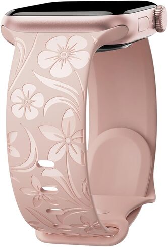 Floral Engraved Band Compatible with Apple Watch Band 38mm 40mm 41mm 42mm 44mm 45mm 46mm 49mm, Designer Silicone Glossy Wildflower Strap for iWatch Band Series Ultra 11 10 9 8 7 6 SE 5 4 3 in Saudi Arabia