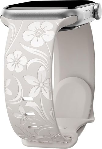 Floral Engraved Band Compatible with Apple Watch Band 38mm 40mm 41mm 42mm 44mm 45mm 46mm 49mm, Designer Silicone Glossy Wildflower Strap for iWatch Band Series Ultra 11 10 9 8 7 6 SE 5 4 3 in Saudi Arabia
