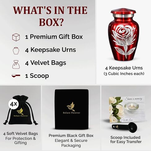 Rose Urns for Human Ashes - Small Urns for Ashes for Women & Men - Rose Cremation Urns - Handcrafted Mini Urns for Female - Flower Urns to Honor Your Loved One Forever (Red, Set of 4) in Kuwait