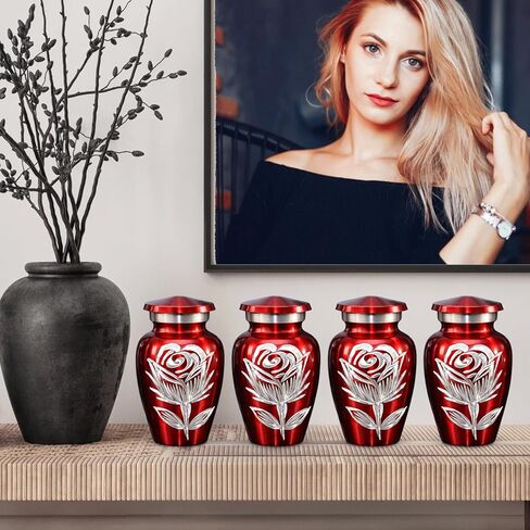 Rose Urns for Human Ashes - Small Urns for Ashes for Women & Men - Rose Cremation Urns - Handcrafted Mini Urns for Female - Flower Urns to Honor Your Loved One Forever (Red, Set of 4) in Kuwait