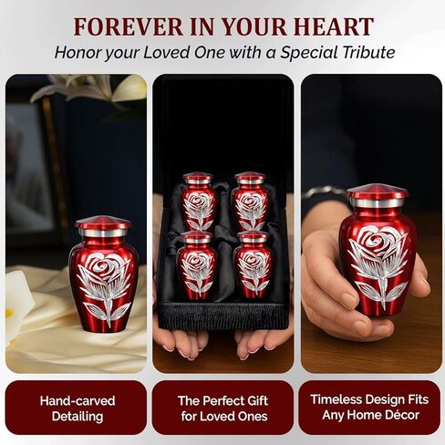 Rose Urns for Human Ashes - Small Urns for Ashes for Women & Men - Rose Cremation Urns - Handcrafted Mini Urns for Female - Flower Urns to Honor Your Loved One Forever (Red, Set of 4) in Kuwait