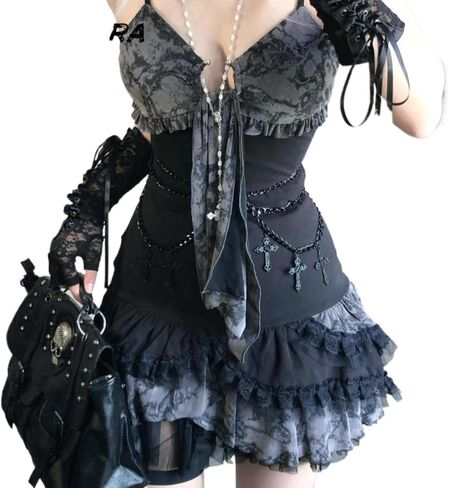 Gyaru Clothes Women Scene Mini Spaghetti Strap Dress 2000s Vintage Harajuku Pleated Dress Emo Grunge Aesthetic in Saudi Arabia