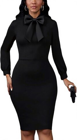 MsavigVice Womens Bodycon Elegant Fixed Bowknot Work Office Pencil Dresses Mandarin Collar Long Sleeve Business Midi Dress in Kuwait
