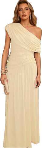 Womens One Shoulder Ruched Sleeveless Bodycon Dress Long Formal Stretchy Party Cocktail Dress in Saudi Arabia