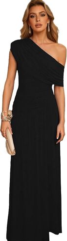 Womens One Shoulder Ruched Sleeveless Bodycon Dress Long Formal Stretchy Party Cocktail Dress in Saudi Arabia