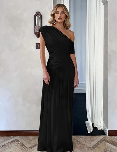 Womens One Shoulder Ruched Sleeveless Bodycon Dress Long Formal Stretchy Party Cocktail Dress in Saudi Arabia