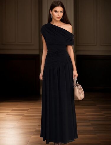 Womens One Shoulder Ruched Sleeveless Bodycon Dress Long Formal Stretchy Party Cocktail Dress in Saudi Arabia