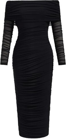 Women's Off The Shoulder Mesh Sheer Dress Long Sleeve Ruched Party Bodycon Maxi Dresses in Saudi Arabia