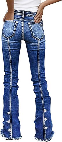 Flamingals Mid Rise Bootcut Jeans for Women Wash Seam Back Button Decor Raw Hem Denim Jeans with Pockets in Saudi Arabia