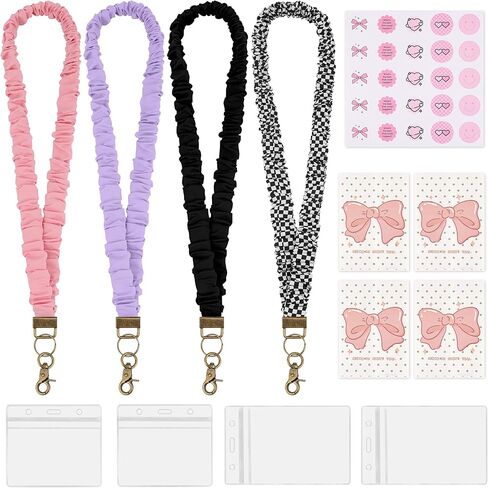 4 Pcs Scrunchies Lanyards for ID Card, Badges Holder, Keys and Phone with 4 Pcs Clear Badge Holders, Adjustable Stretchy Lanyard for Teachers, Students, Office Staffs (19.6 Inches) in Kuwait