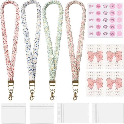 4 Pcs Scrunchies Lanyards for ID Card, Badges Holder, Keys and Phone with 4 Pcs Clear Badge Holders, Adjustable Stretchy Lanyard for Teachers, Students, Office Staffs (19.6 Inches) in Saudi Arabia