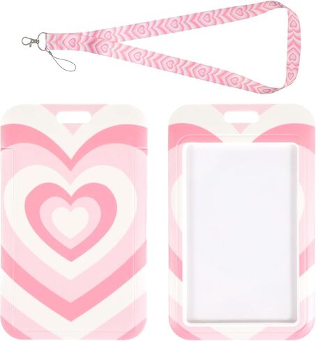Pink Heart Lanyard with Card Holder - Autism Sensory Friendly ID Badge Necklace for Kids, Girls and Women, Portable Vertical Card Protector with 19inch Strap in Saudi Arabia
