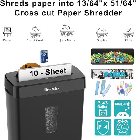 Paper Shredder for Home,10-Sheet Cross Cut with 13L Basket, P-4 Security Level,3-Mode Design - Shreds CD and Credit Card,Shredders for Home Use in Kuwait