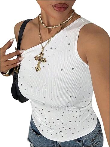 MakeMeChic Women's One Shoulder Rhinestone Tank Top Sleeveless Summer Y2K Party Crop Tops in Saudi Arabia