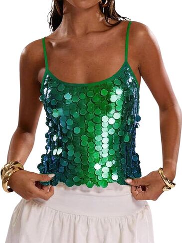 Women's Sparkly Sequin Tops Glitter Shiny Tank Top Going Out Spaghetti Strap Y2k Rave Tops Night Clubwear Party in Kuwait