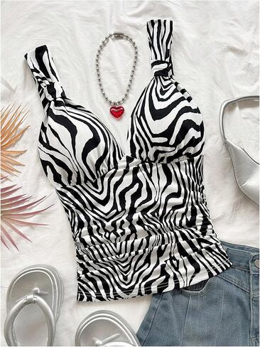 SOLY HUX Women's Zebra Striped Tank Top V Neck Sleeveless Ruched Slim Fitted Going Out Tops in Saudi Arabia