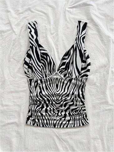 SOLY HUX Women's Zebra Striped Tank Top V Neck Sleeveless Ruched Slim Fitted Going Out Tops in Saudi Arabia