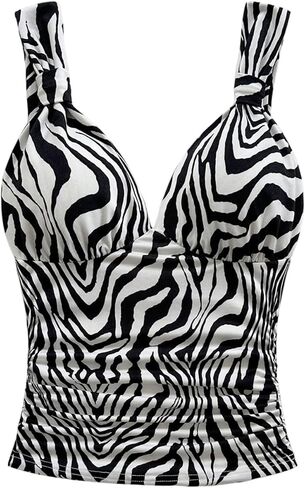 SOLY HUX Women's Zebra Striped Tank Top V Neck Sleeveless Ruched Slim Fitted Going Out Tops in Saudi Arabia