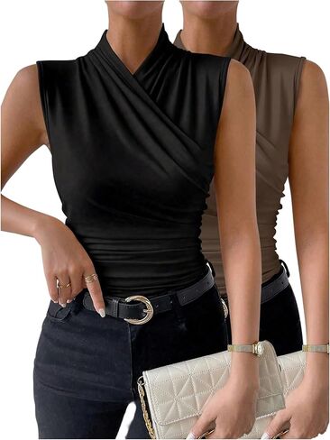 Milumia Women's 2 Pack Tank Tops Criss Cross Wrap Ruched Sleeveless Slim Work Top in Saudi Arabia