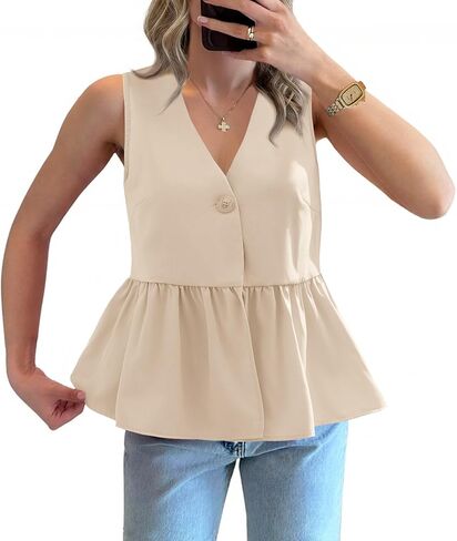 Tankaneo Womens V Neck Babydoll Tank Tops Peplum Ruffle Hem Sleeveless Shirts Summer Casual Button Down Flowy Tops in Saudi Arabia