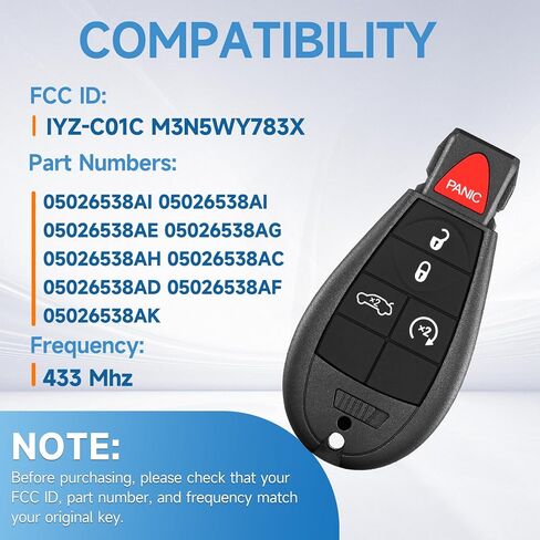 Key Fob Replacement Fits for Dodge Challenger Durango 2008 2009 2010 2011 2012 2013 2014 Charger 2009-2013 Chrysler 300 2008-2010 Car Keyless Entry Remote M3N5WY783X IYZ-C01C 433 Mhz in Kuwait
