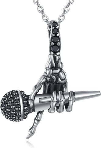 URONE Microphone Necklace 925 Sterling Silver Skull Hand and Microphone Pendant Charm Music Jewelry Gifts for Women Men in Saudi Arabia
