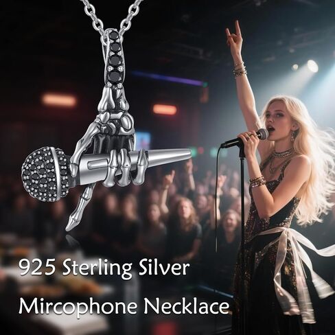 URONE Microphone Necklace 925 Sterling Silver Skull Hand and Microphone Pendant Charm Music Jewelry Gifts for Women Men in Saudi Arabia