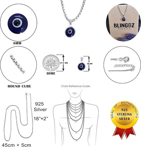 925 Sterling Silver Thick Popcorn | Round Cube Chain Evil Eye Necklace | Available in Gold or Silver | 18+2 Inch Adjustable Chain in Saudi Arabia