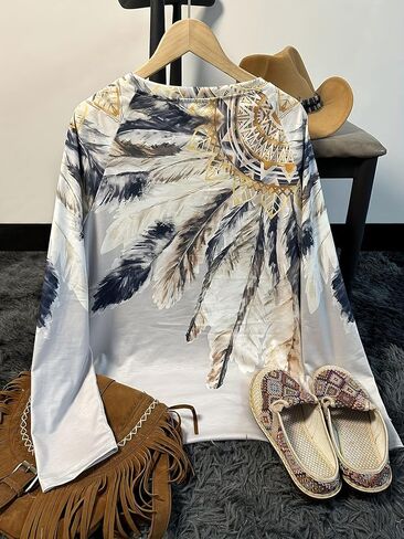 Women Aztec Shirts Vintage Geometric Print Crewneck Casual Long Sleeve Ethnic Western Graphic Loose Tee Top for Lady Fashion in Saudi Arabia