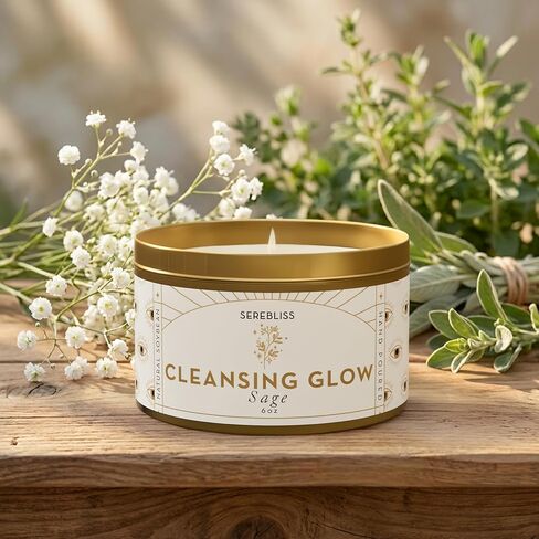 Cleansing Glow Sage Candle – 6oz Premium Scented Soy Candle for Cleansing House Negative Energy, Manifestation & Abundance, Pure Sage, All Natural Smudge kit, Aromatherapy & Gifts for Women in Saudi Arabia