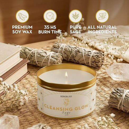Cleansing Glow Sage Candle – 6oz Premium Scented Soy Candle for Cleansing House Negative Energy, Manifestation & Abundance, Pure Sage, All Natural Smudge kit, Aromatherapy & Gifts for Women in Saudi Arabia