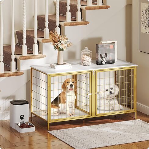 Dog Crate Furniture for 2 Dogs, 43.3" Dog Kennel with Removable Divider, Heavy Duty Wooden Dog Kennel for Small Medium Dog, Indoor Dog Cage End Table with Double Doors, White DCJW1201 in Kuwait