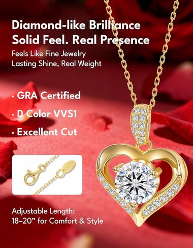 KRKC Moissanite Heart Necklace for Women, 1-3 Carat Lab Created Diamond Pendant, 14K/White Golden Plated S925 Sterling Silver Chains, Valentines Day Christmas Birthday Gifts for Her Wife Anniversary in Saudi Arabia