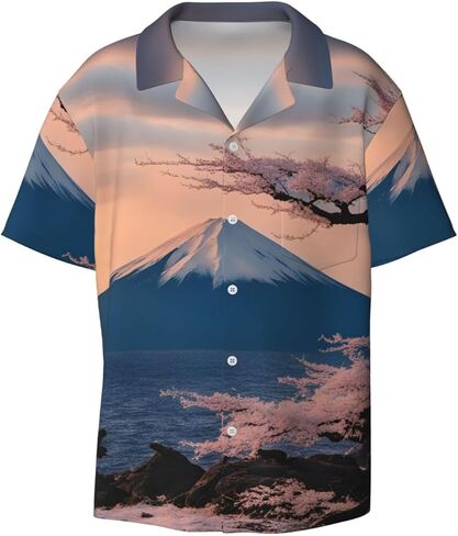 Men's Casual Japan Mount Fuji Landscape Print Short-Sleeved Shirt Button Down Shirt for Summer Beach Vacation Black in Saudi Arabia