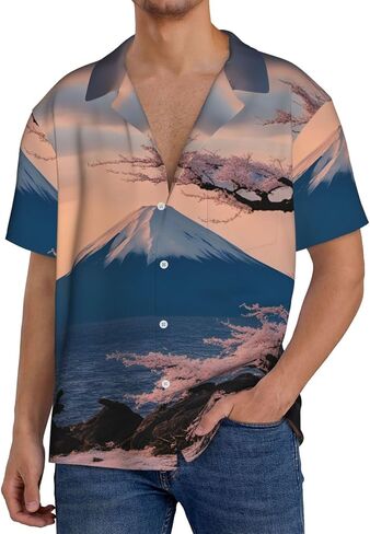 Men's Casual Japan Mount Fuji Landscape Print Short-Sleeved Shirt Button Down Shirt for Summer Beach Vacation Black in Saudi Arabia