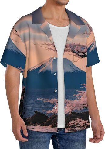 Men's Casual Japan Mount Fuji Landscape Print Short-Sleeved Shirt Button Down Shirt for Summer Beach Vacation Black in Saudi Arabia